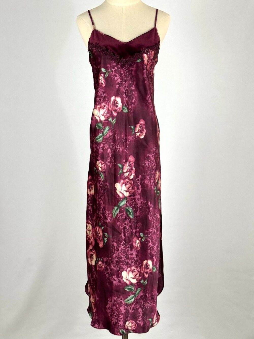 Secret Treasures Burgundy Floral Satin Maxi Slip Dress SzL Red Roses Velvet Lace